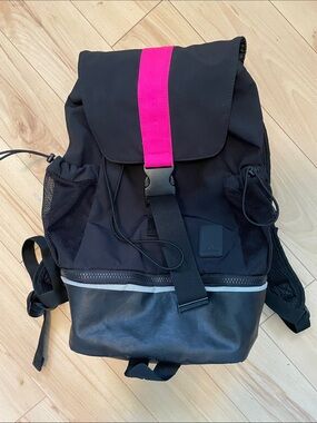 adidas Black Backpack with Pink Center Stripe and Zippered Shoe Compartment